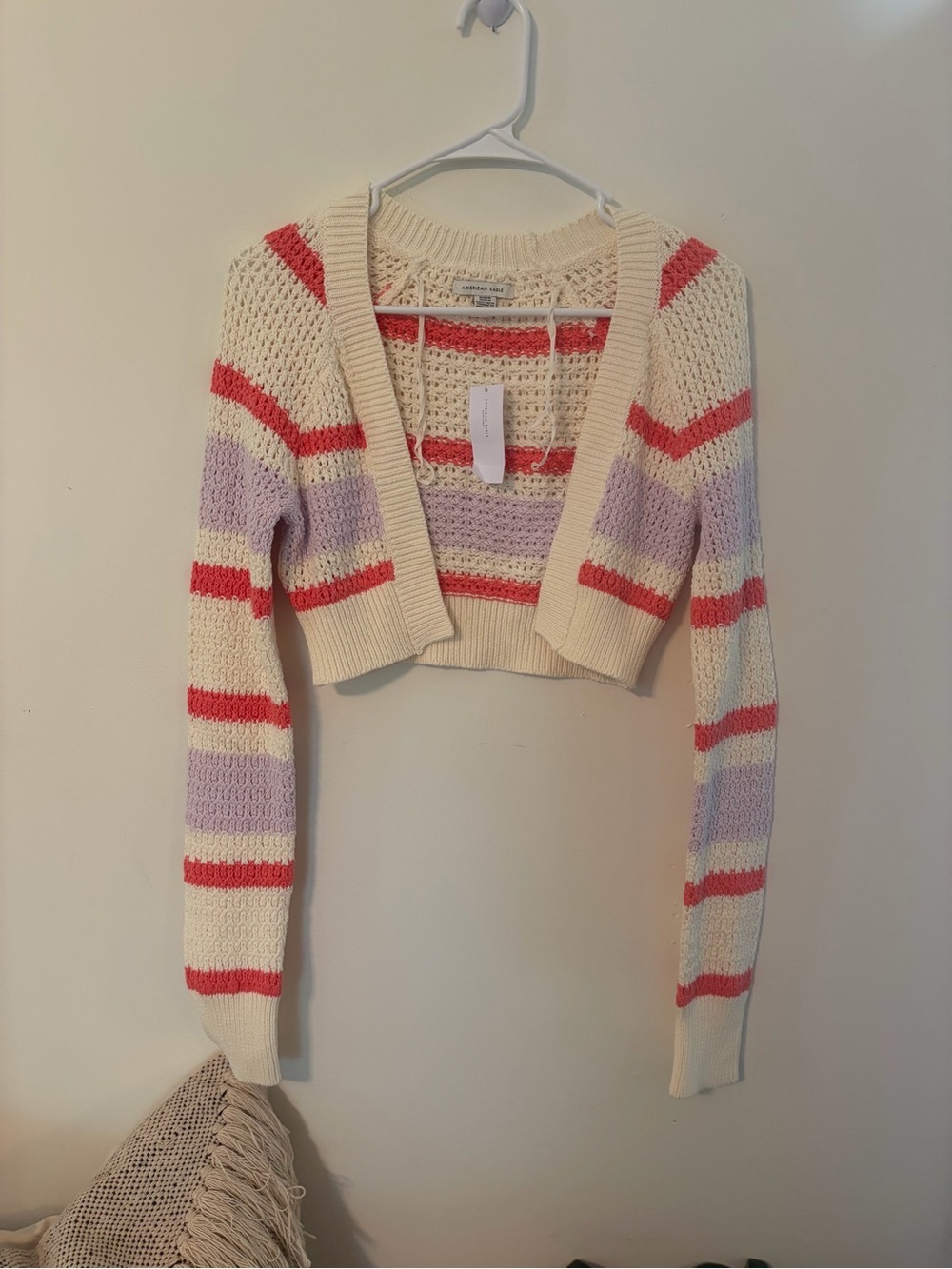 American Eagle Crochet Stripe Cropped Sweater - Cream, Lavender & Coral NWT